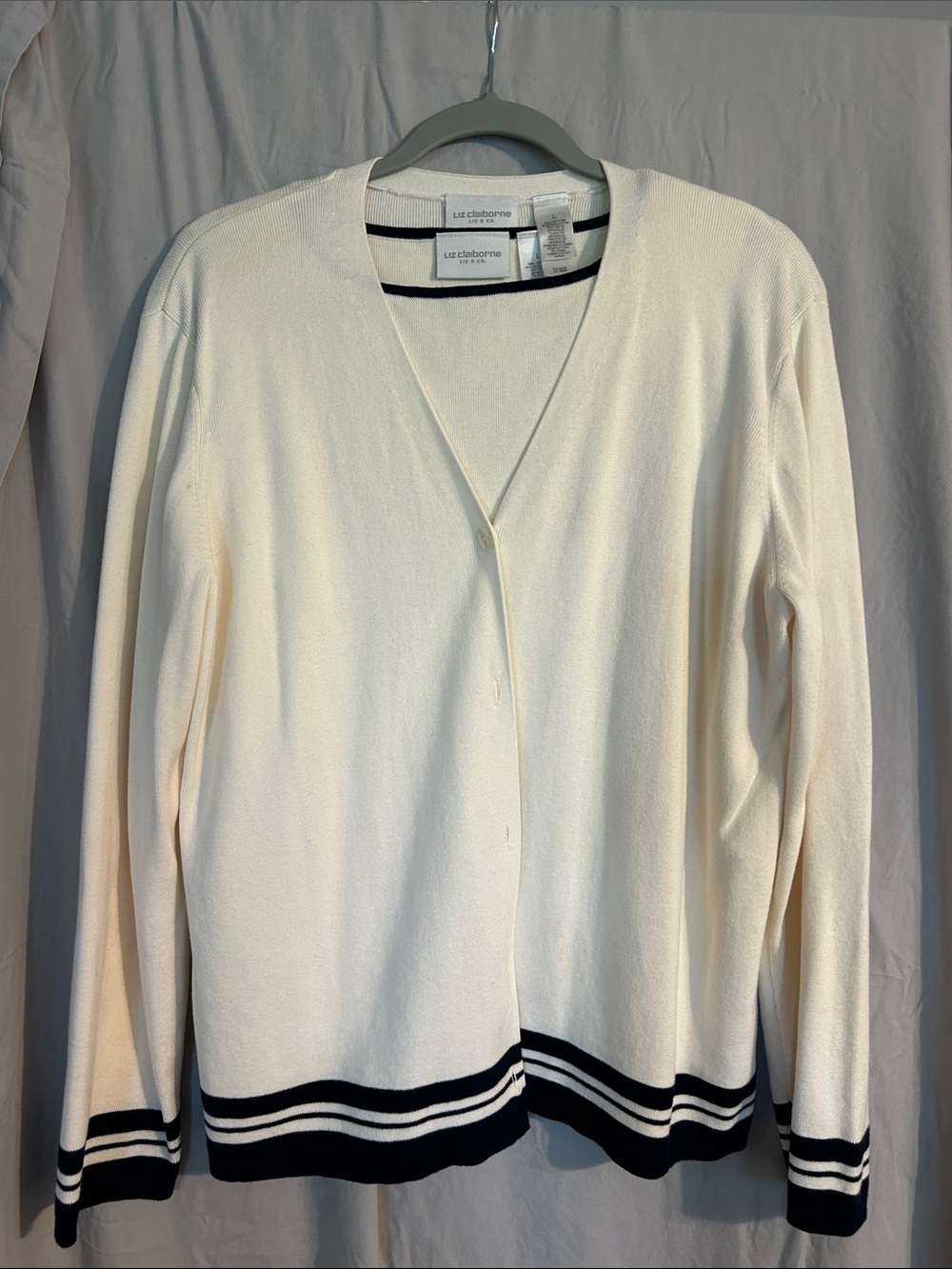 Liz Claiborne Cream Cardigan with Navy Stripe Trim